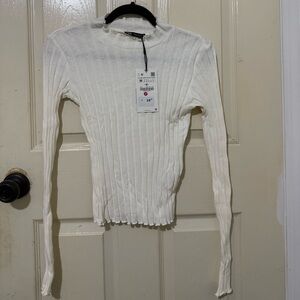 Zara White Ribbed Mock Neck Long Sleeve Top | NWT | Size M